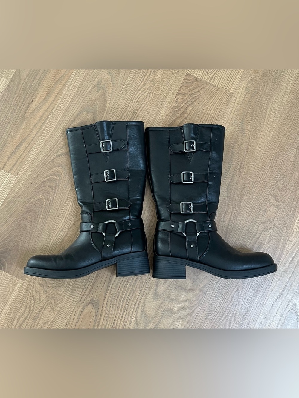 Sugar Black Mid-Calf Combat Boots with Buckle Straps. Size 7.5
